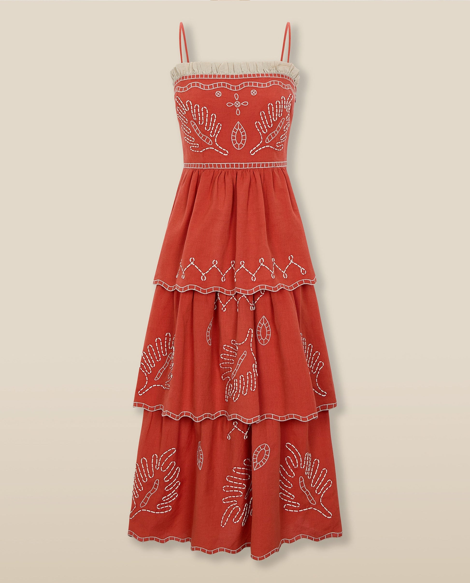 EMMA | Vestido Midi de Algodón y Lino Bordado en Rojo Terracota con Volantes