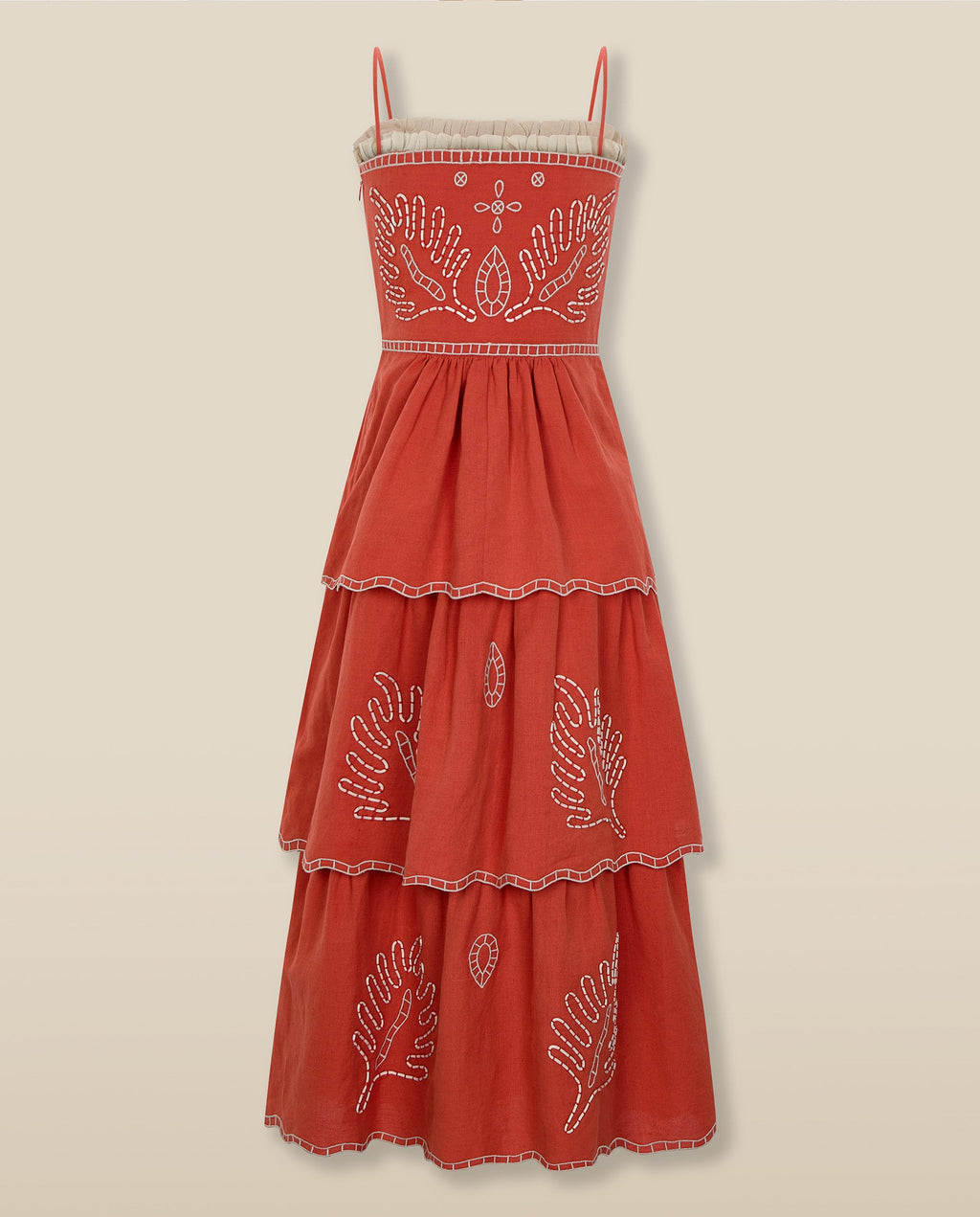 EMMA | Vestido Midi de Algodón y Lino Bordado en Rojo Terracota con Volantes