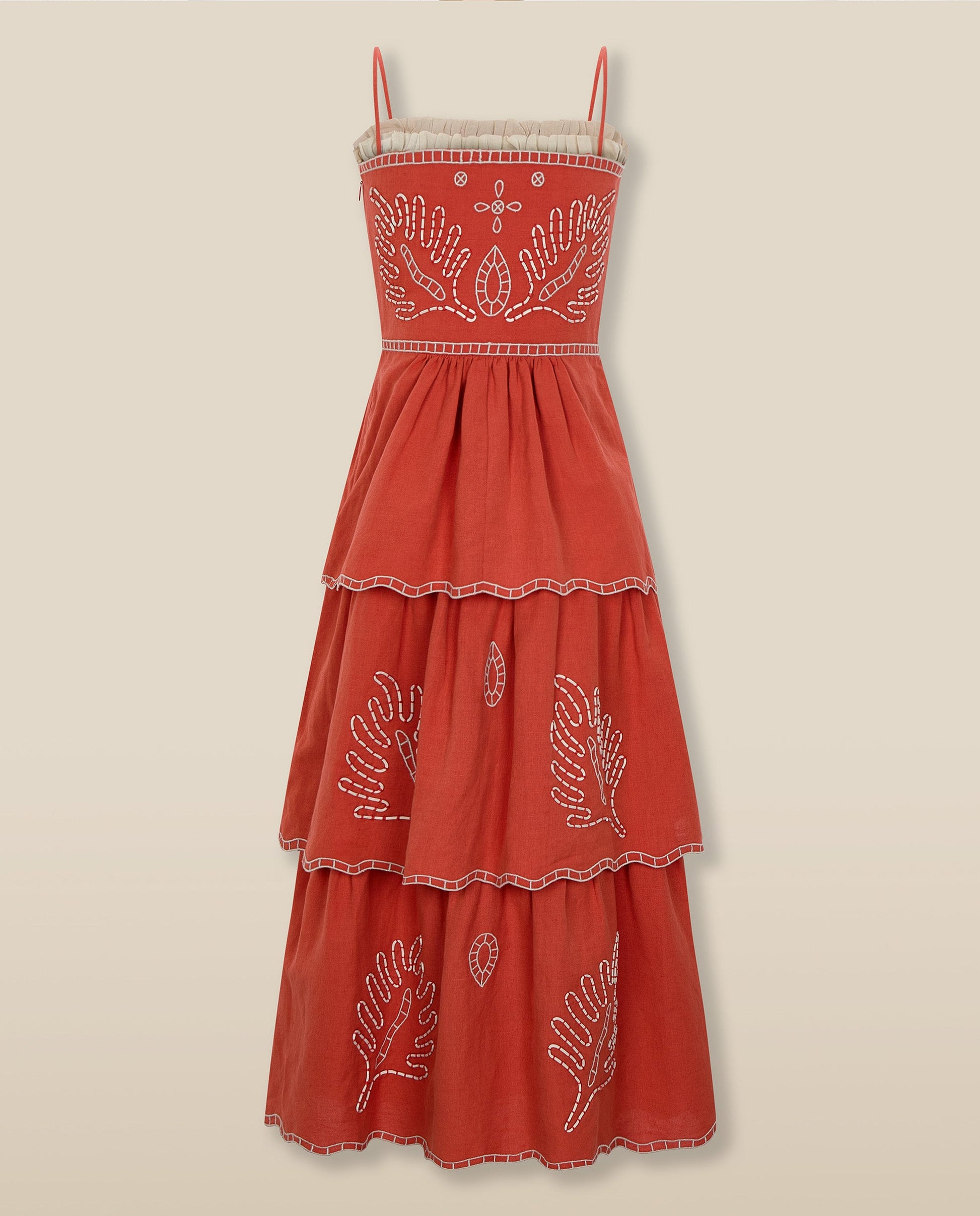 EMMA | Vestido Midi de Algodón y Lino Bordado en Rojo Terracota con Volantes