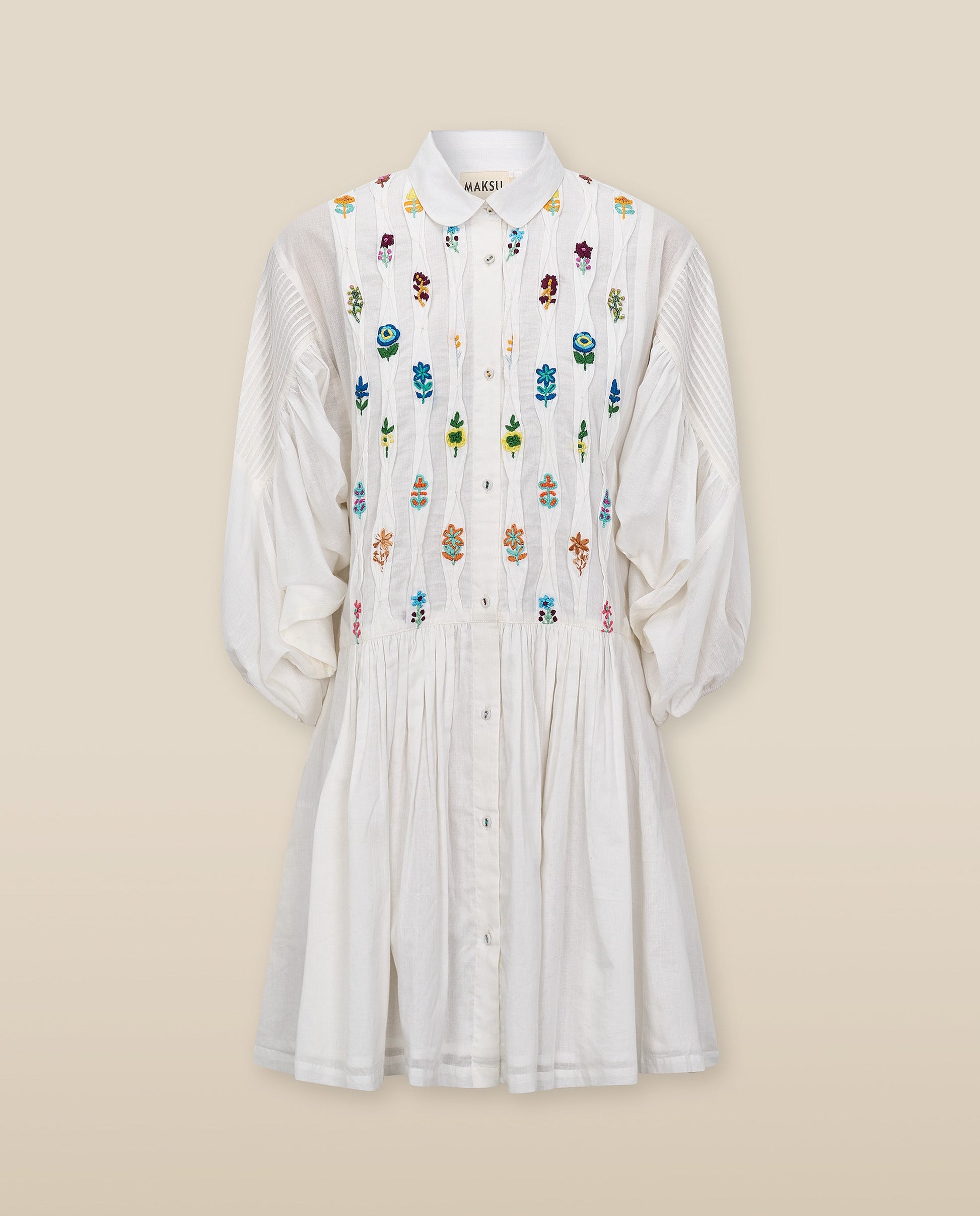 ZULIKA | Vestido Corto de Algodón Blanco con Bordado Floral Multicolor