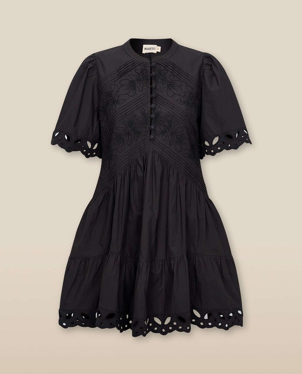JAIA | Vestido Corto de Algodón Negro con Bordado Floral Tonal