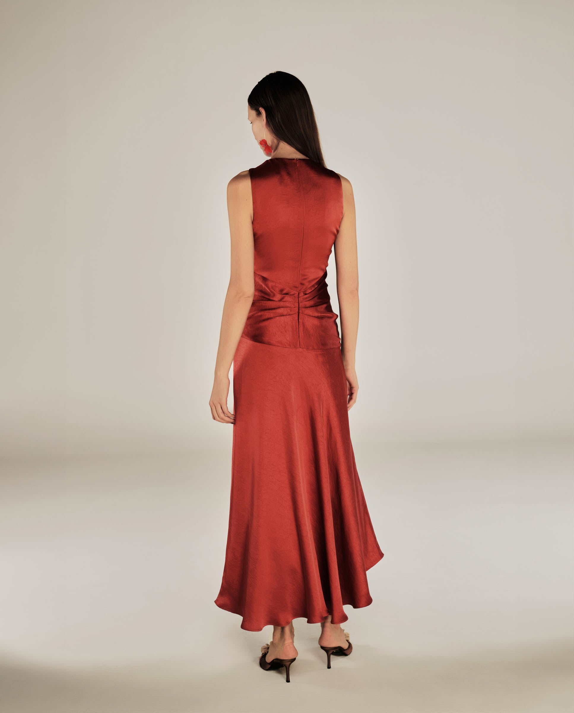 CAROLINA | Vestido Midi Cruzado de Satén Rojo Paprika