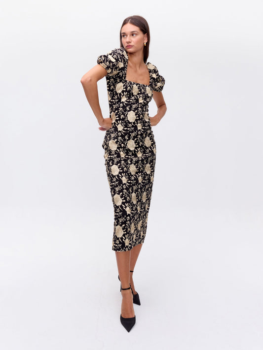 ABRIL BLACK - Vestido manga farol bordado mantón