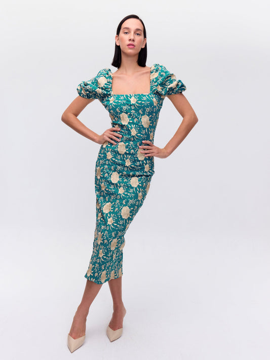 ABRIL GREEN - Vestido manga farol bordado mantón