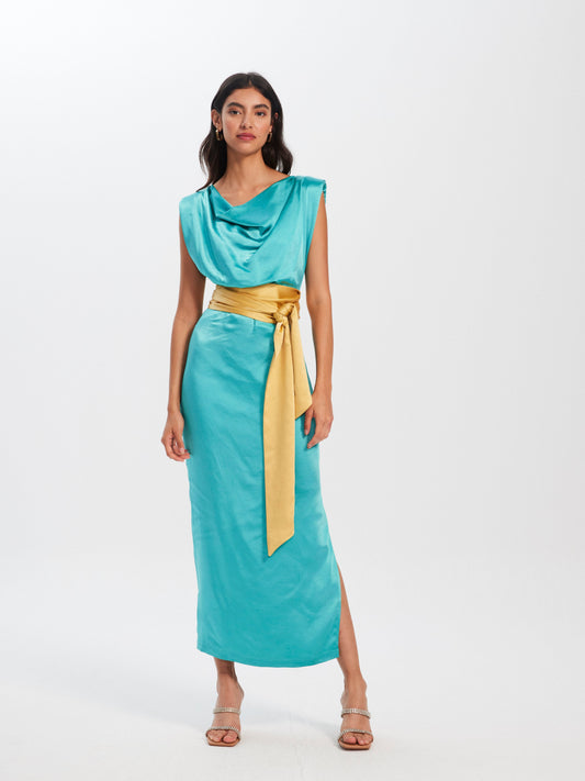 ANGELA BLUE - Vestido midi sin mangas turquesa + fajín