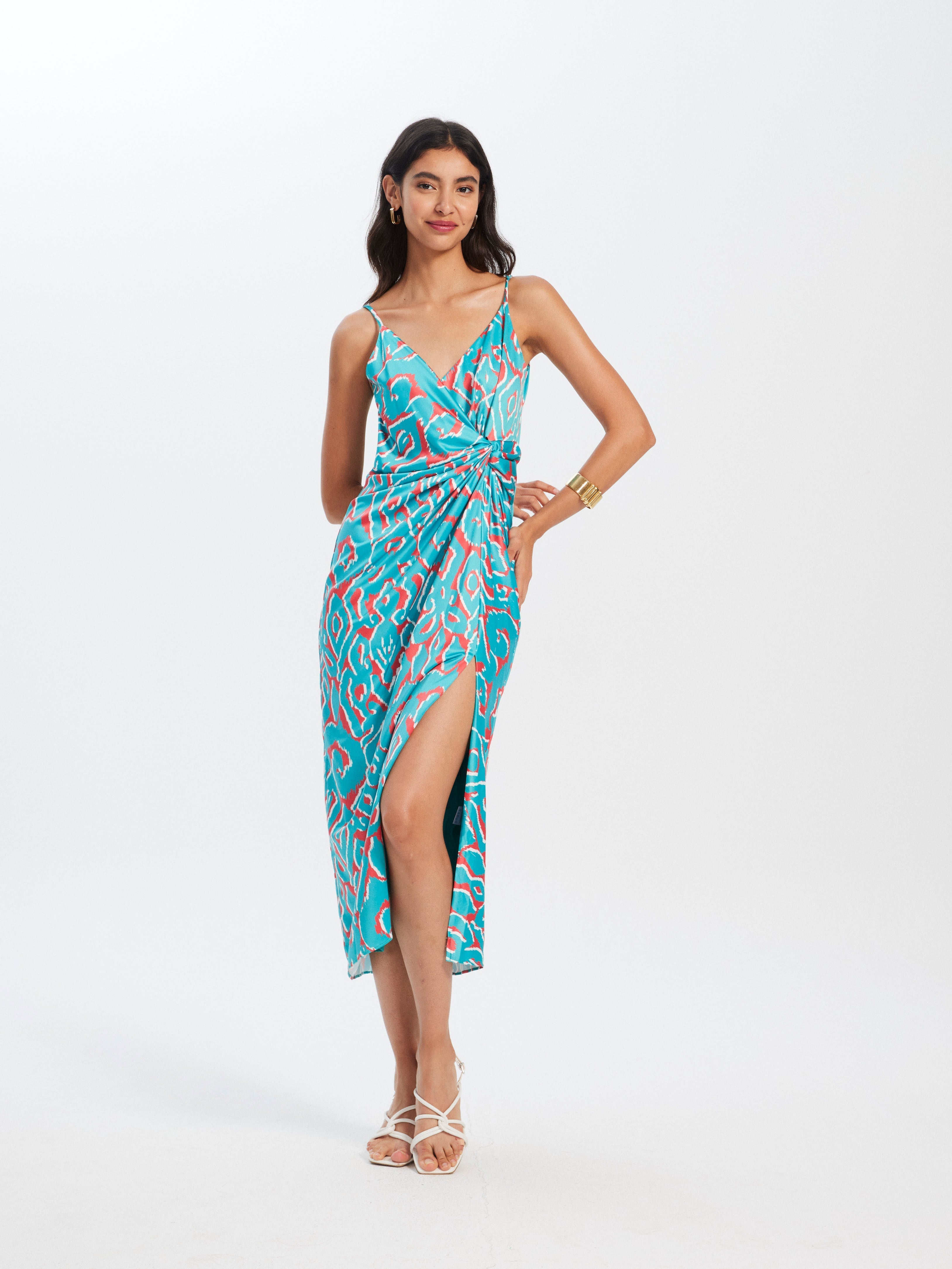ELISA IKAT - Vestido midi tirantes nudo cintura