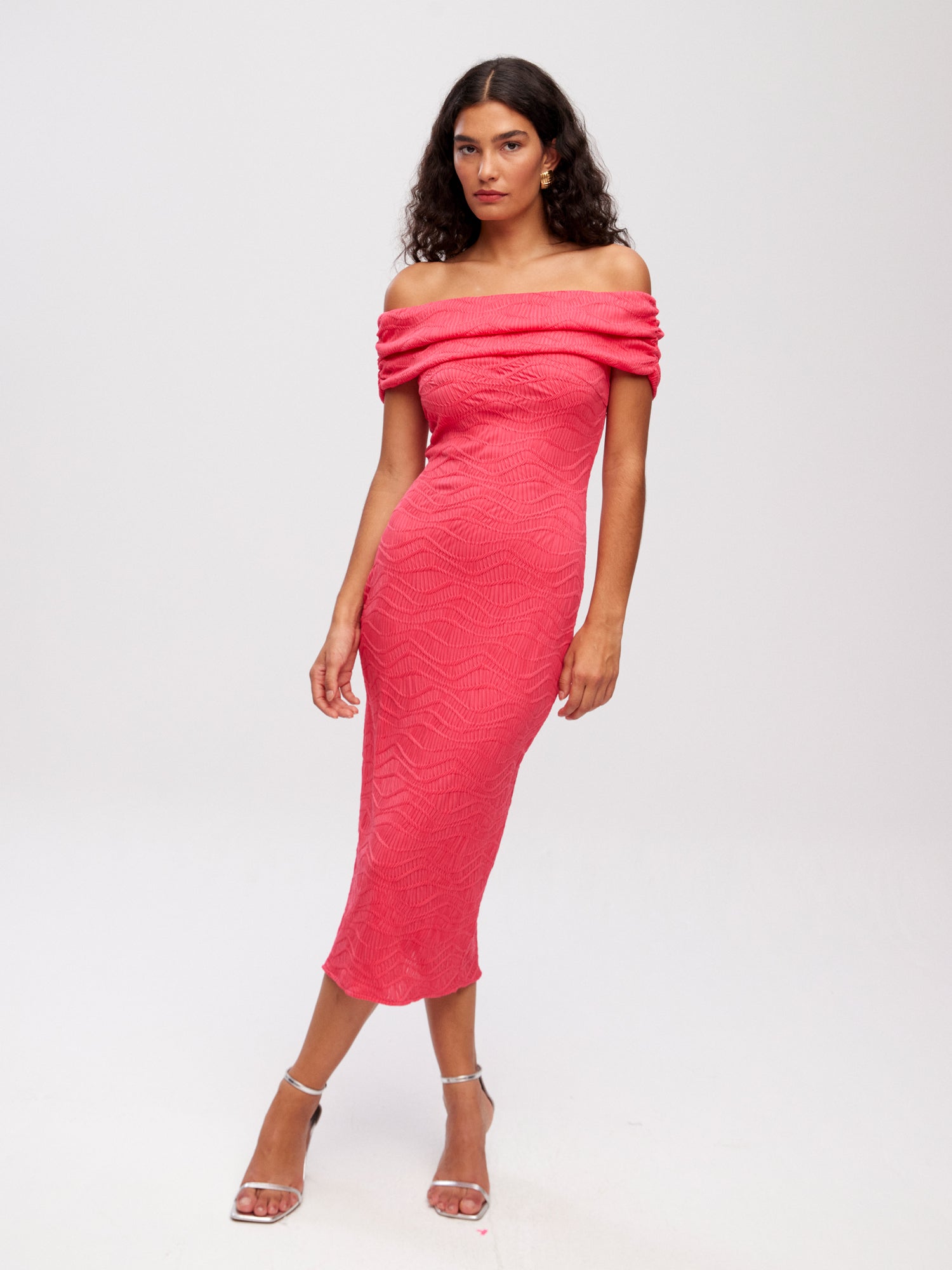 GABBIANI PINK - Vestido midi escote bardot punto rosa