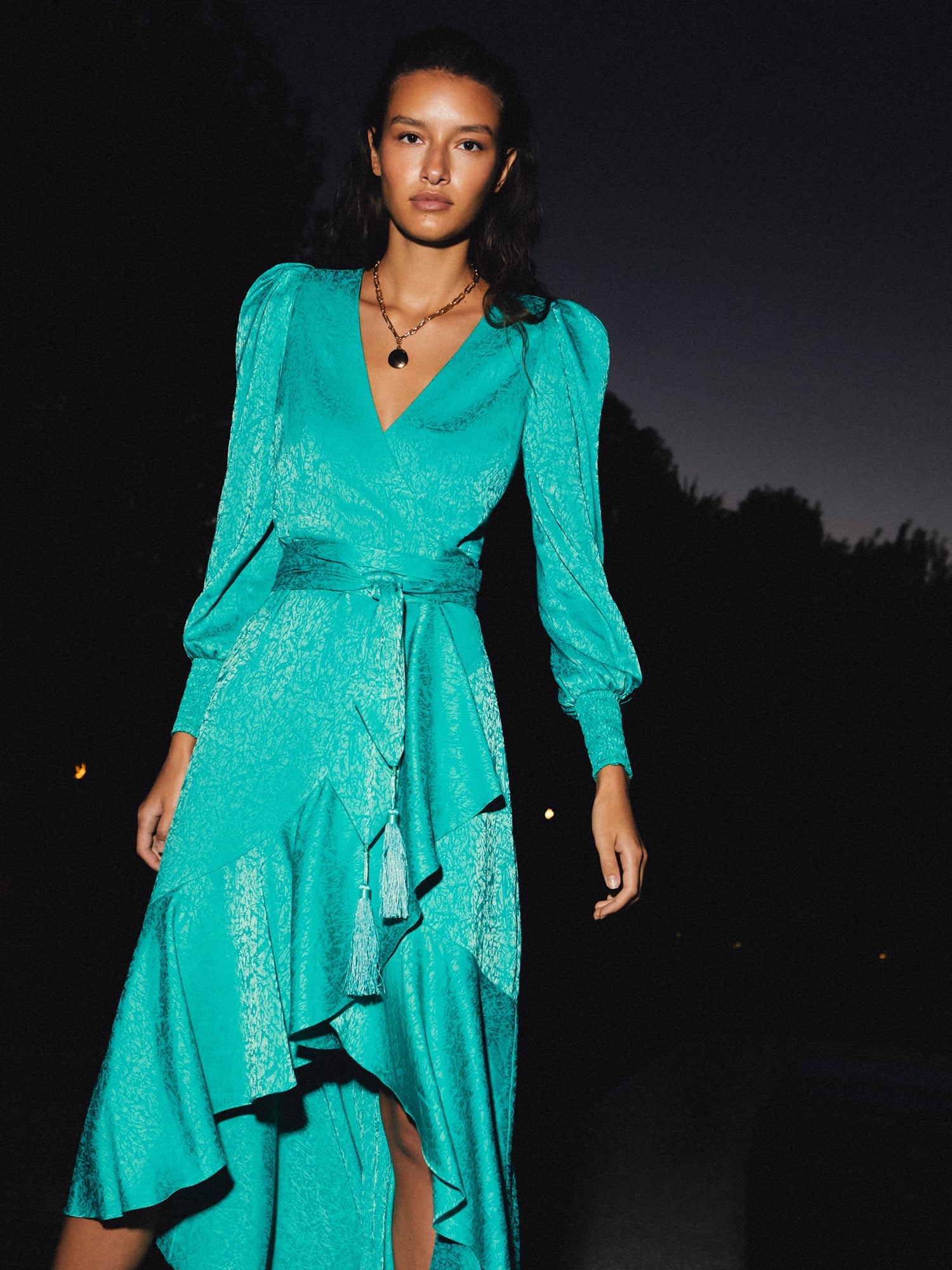 GRACE - Vestido wrap manga larga de Jacquard verde