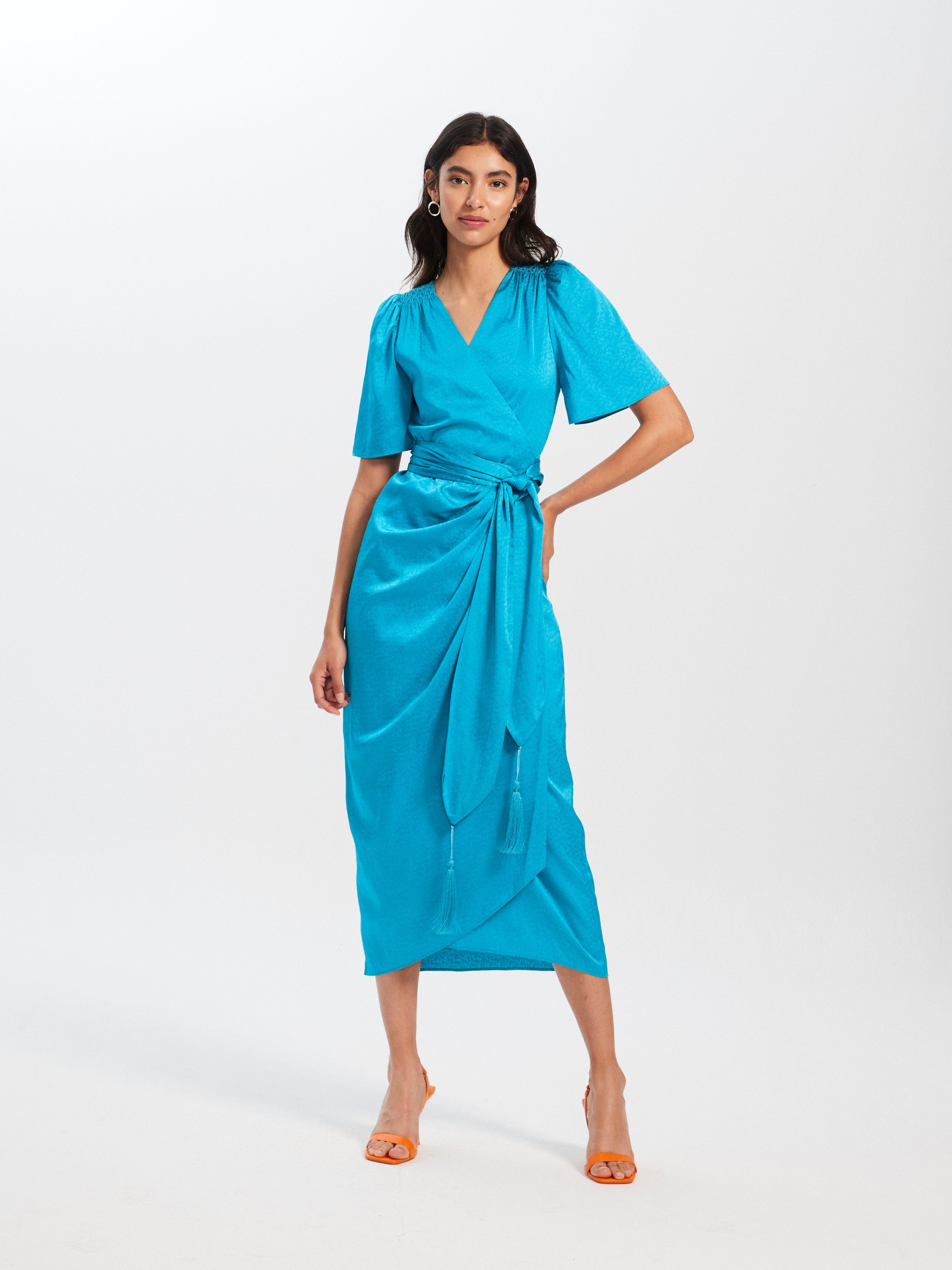 INES - Vestido wrap midi manga corta jcqrd turquesa