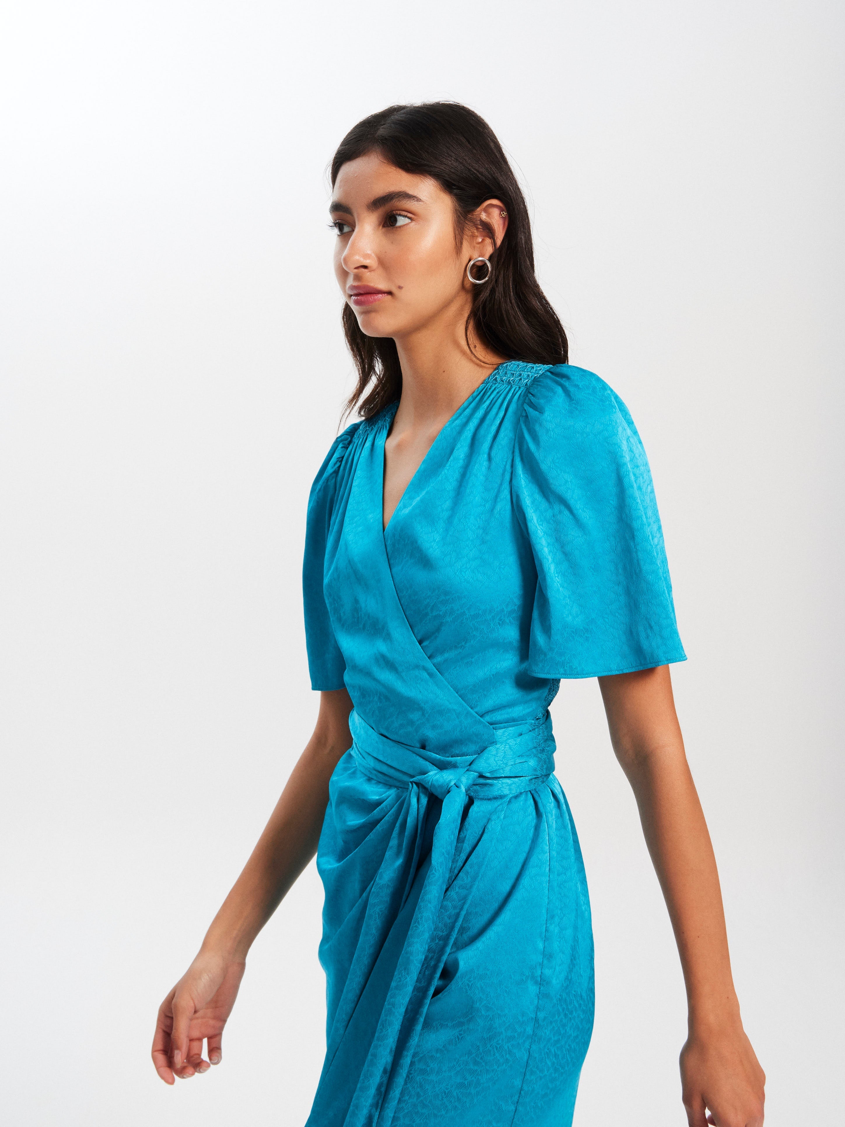INES - Vestido wrap midi manga corta jcqrd turquesa