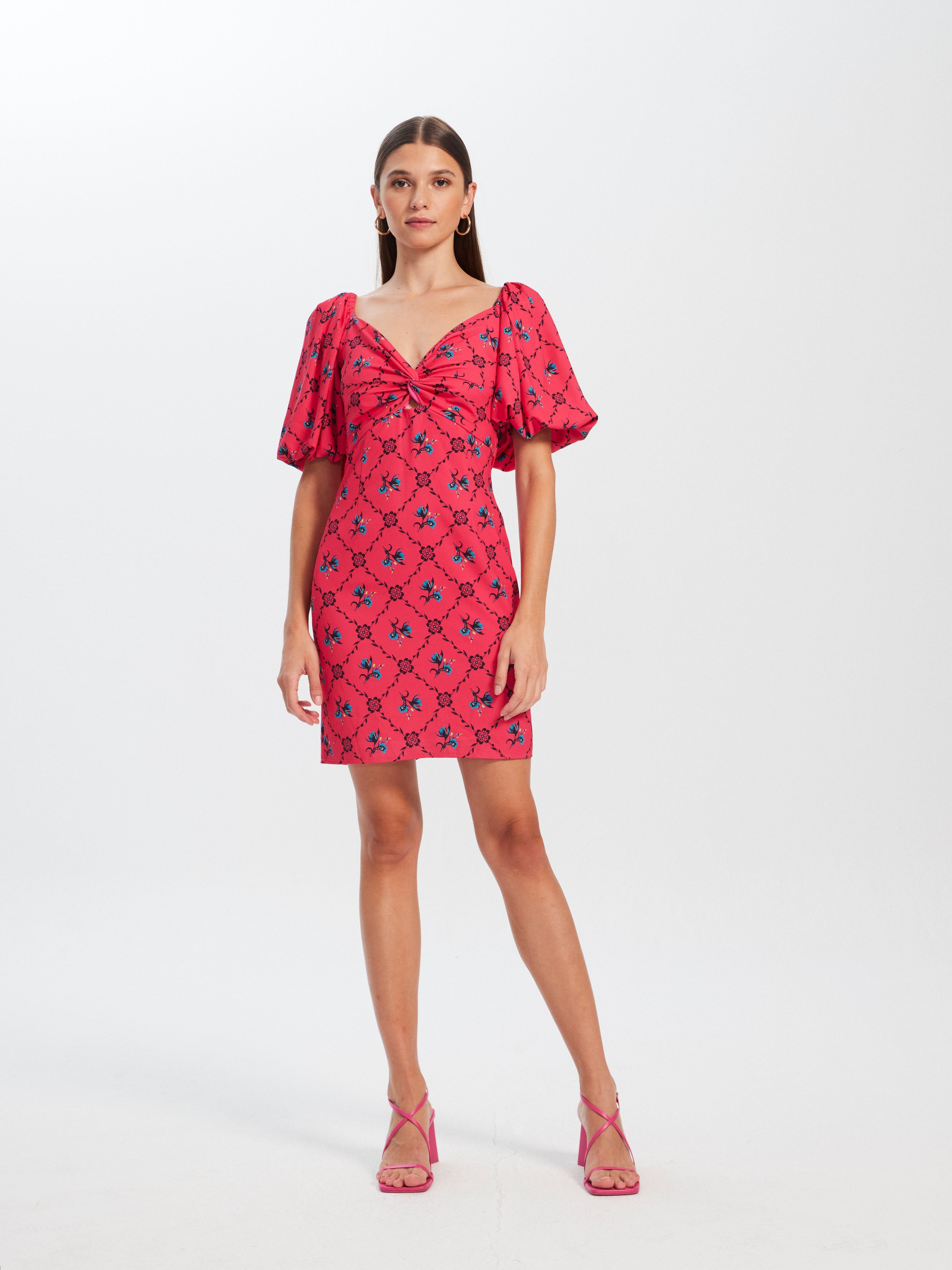 IRENE BLOOM - Vestido corto manga corta nudo pecho estampado