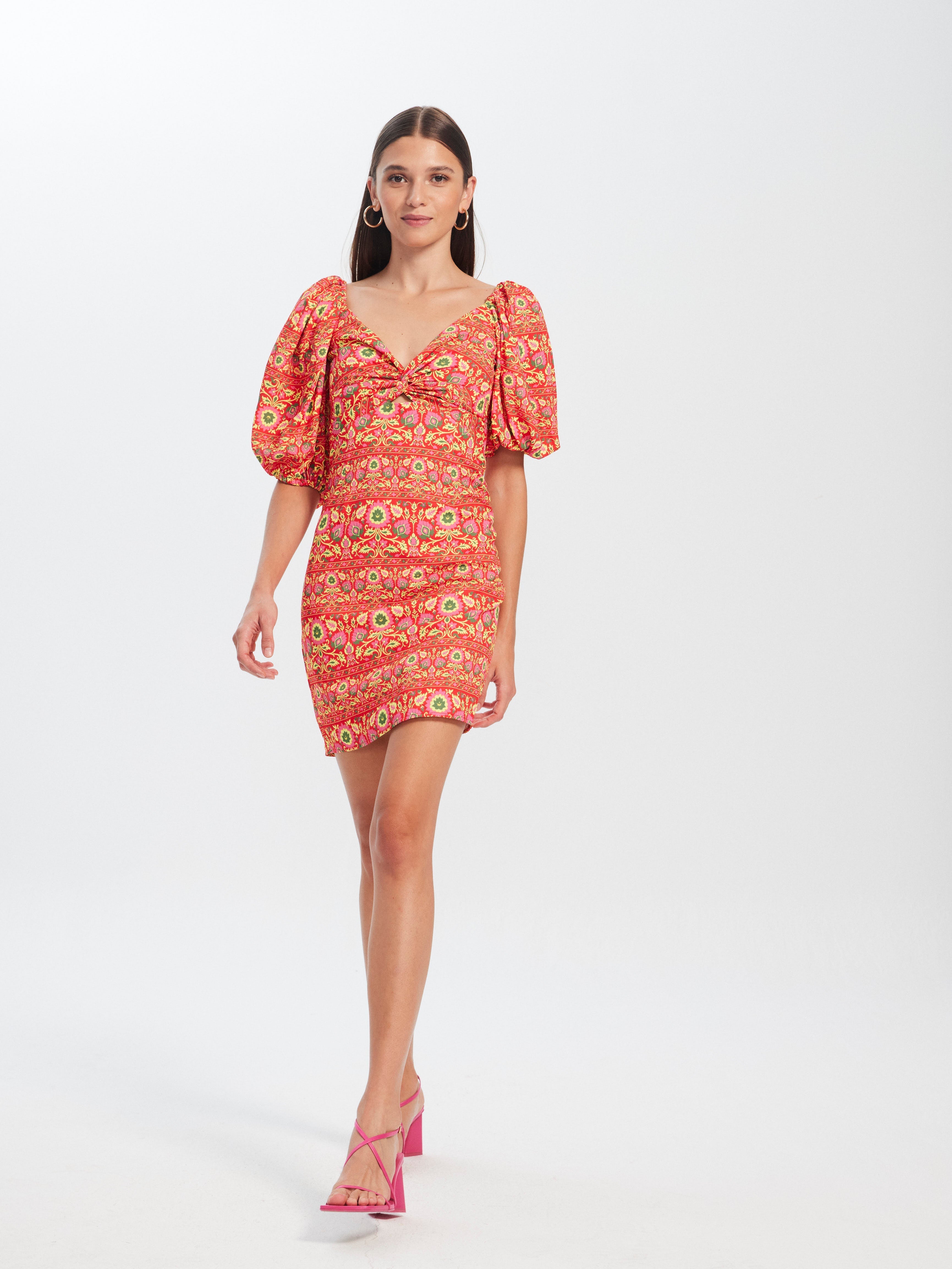 IRENE SPRING - Vestido corto manga corta nudo pecho estampado