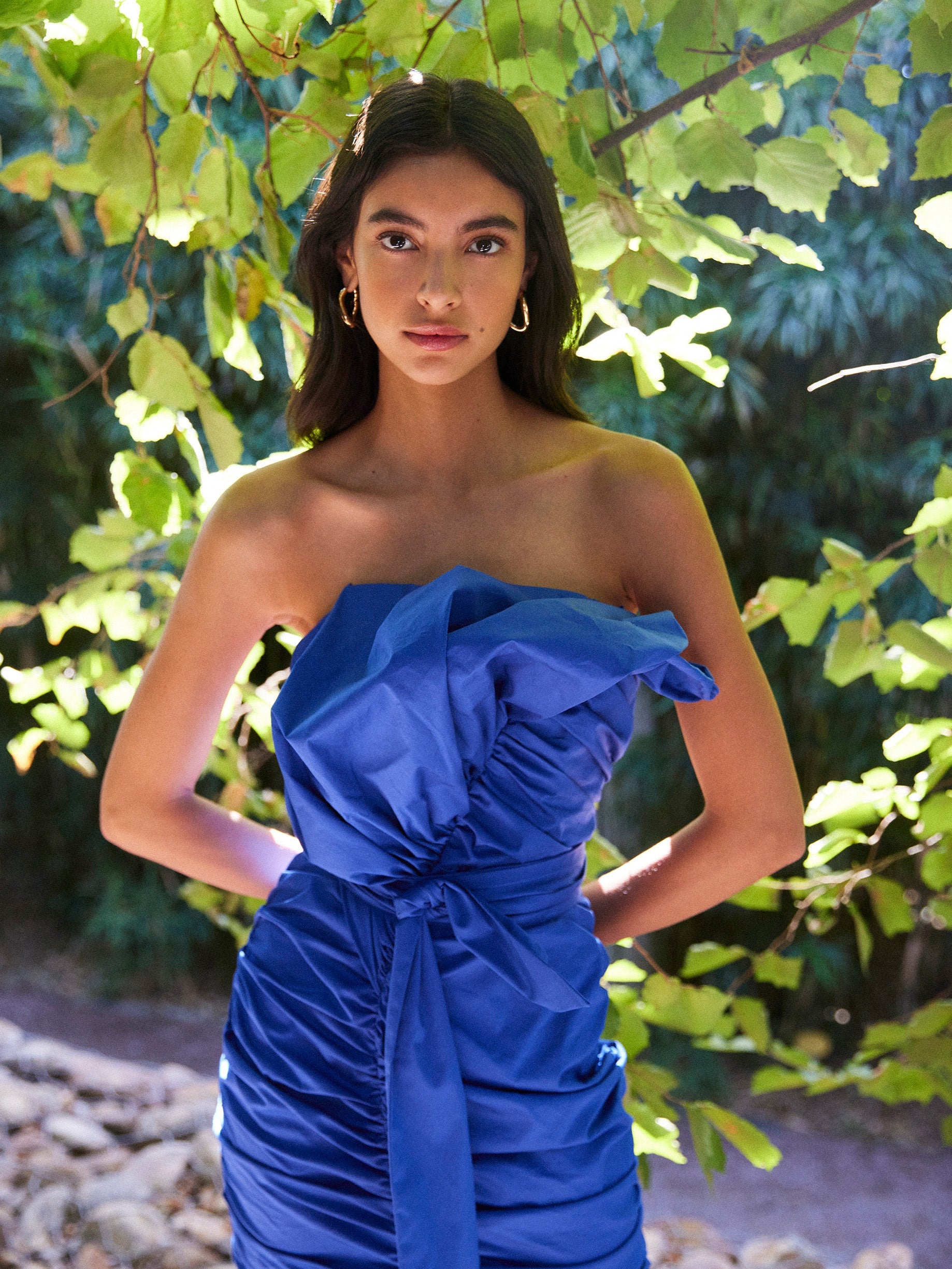MARCELA BLUE - Vestido midi drapeado popelín azul