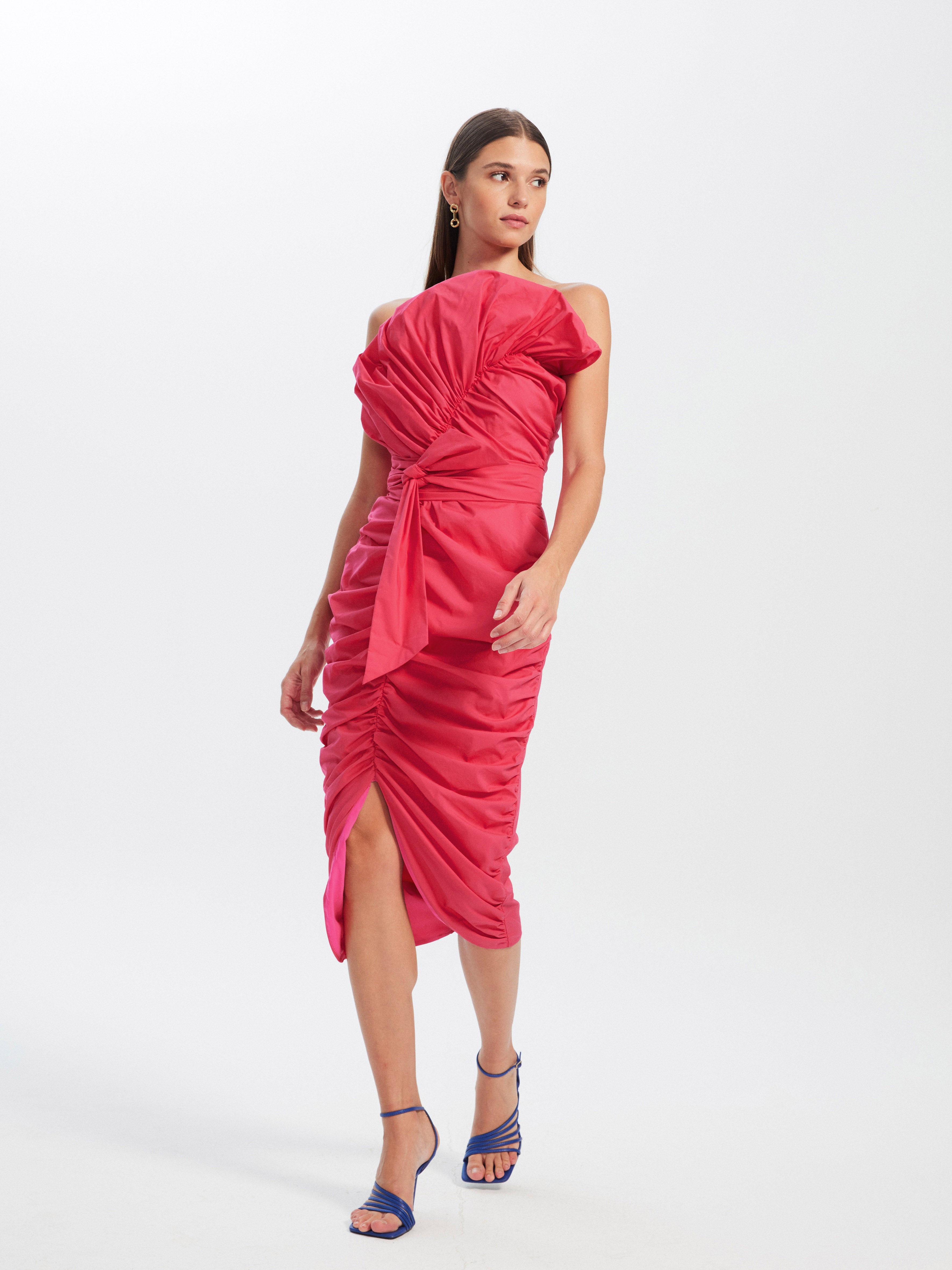MARCELA PINK - Vestido midi drapeado popelín rosa