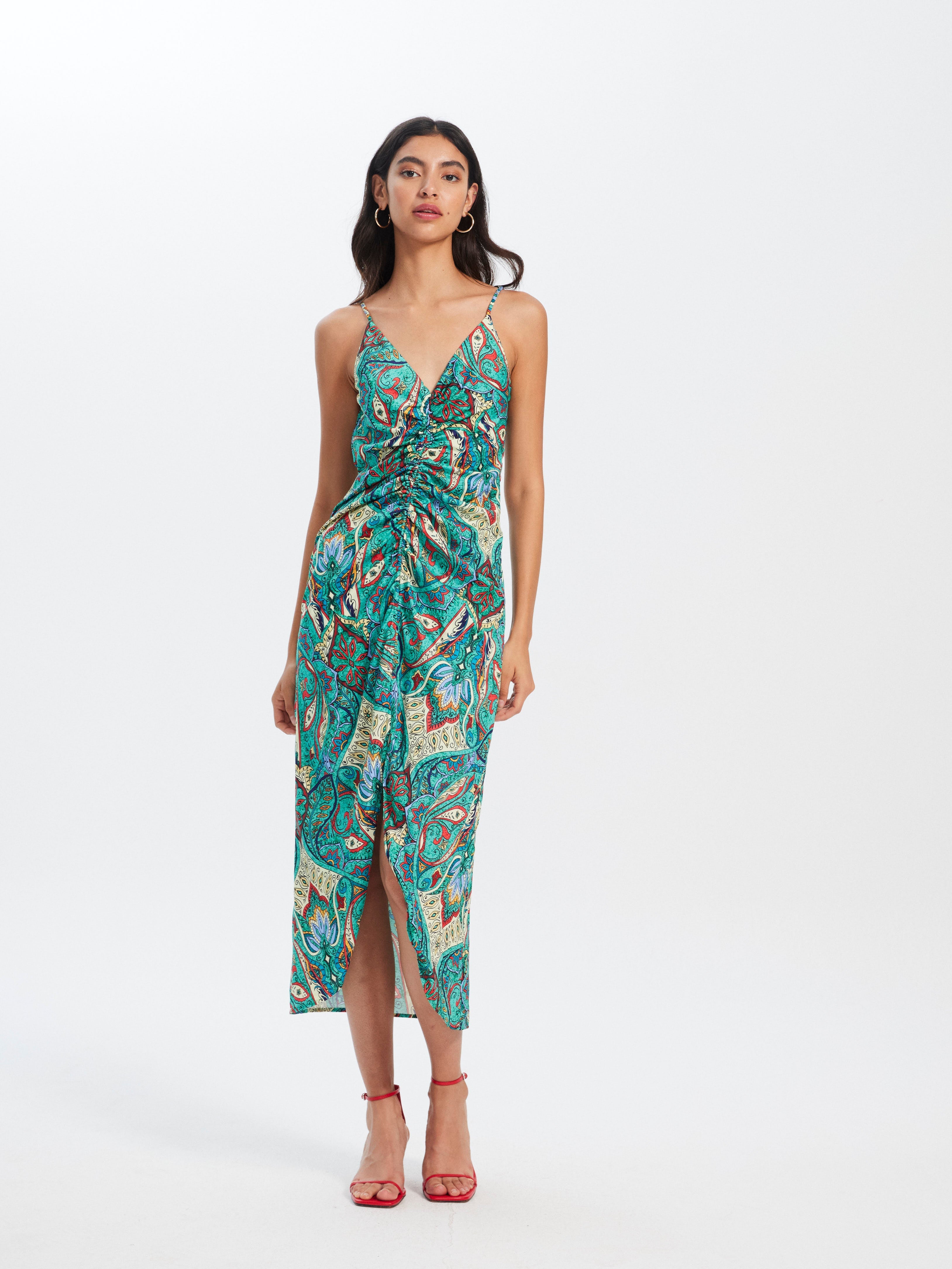 MATILDE BOHEME - Vestido midi tirantes fruncido cordón estampado