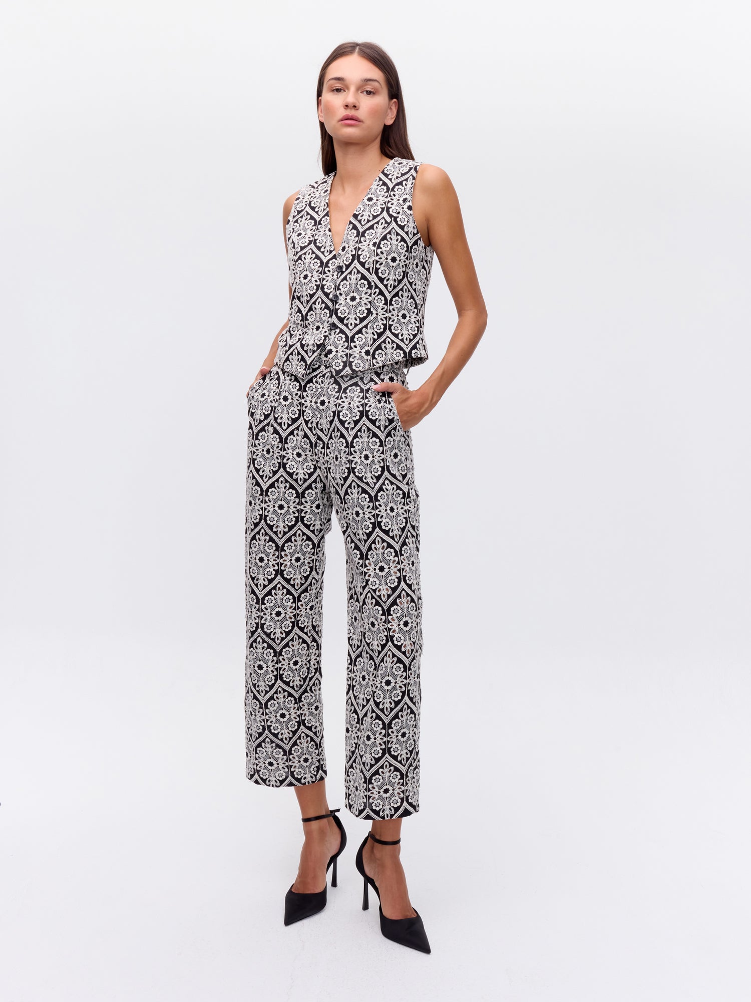 MOONLIGHT PANT  - Pantalón negro y blanco bordado