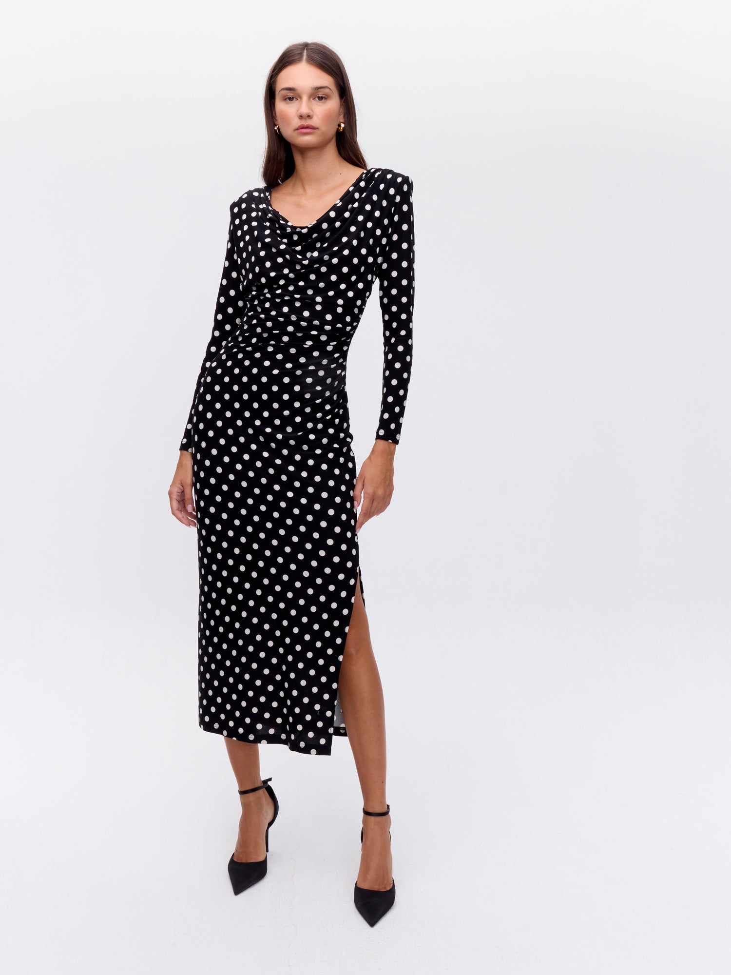 OCASO DOTS - Vestido cuello drapeado manga larga lunares