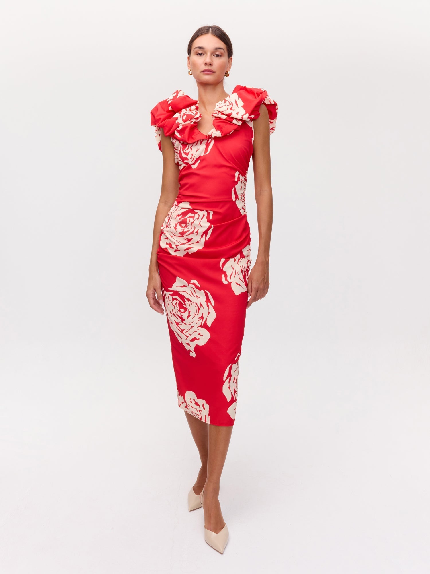 PETALO ROSES - Vestido rojo volante escote big roses print