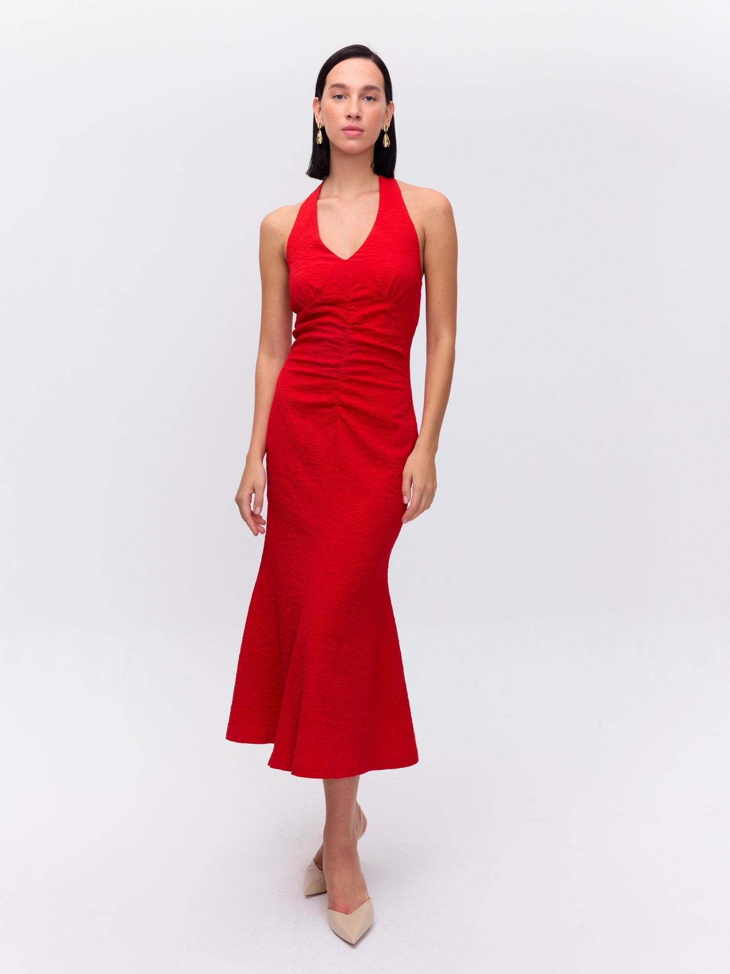 PLEASURE DAMASCO - Vestido lazada cuello drap damasco rojo