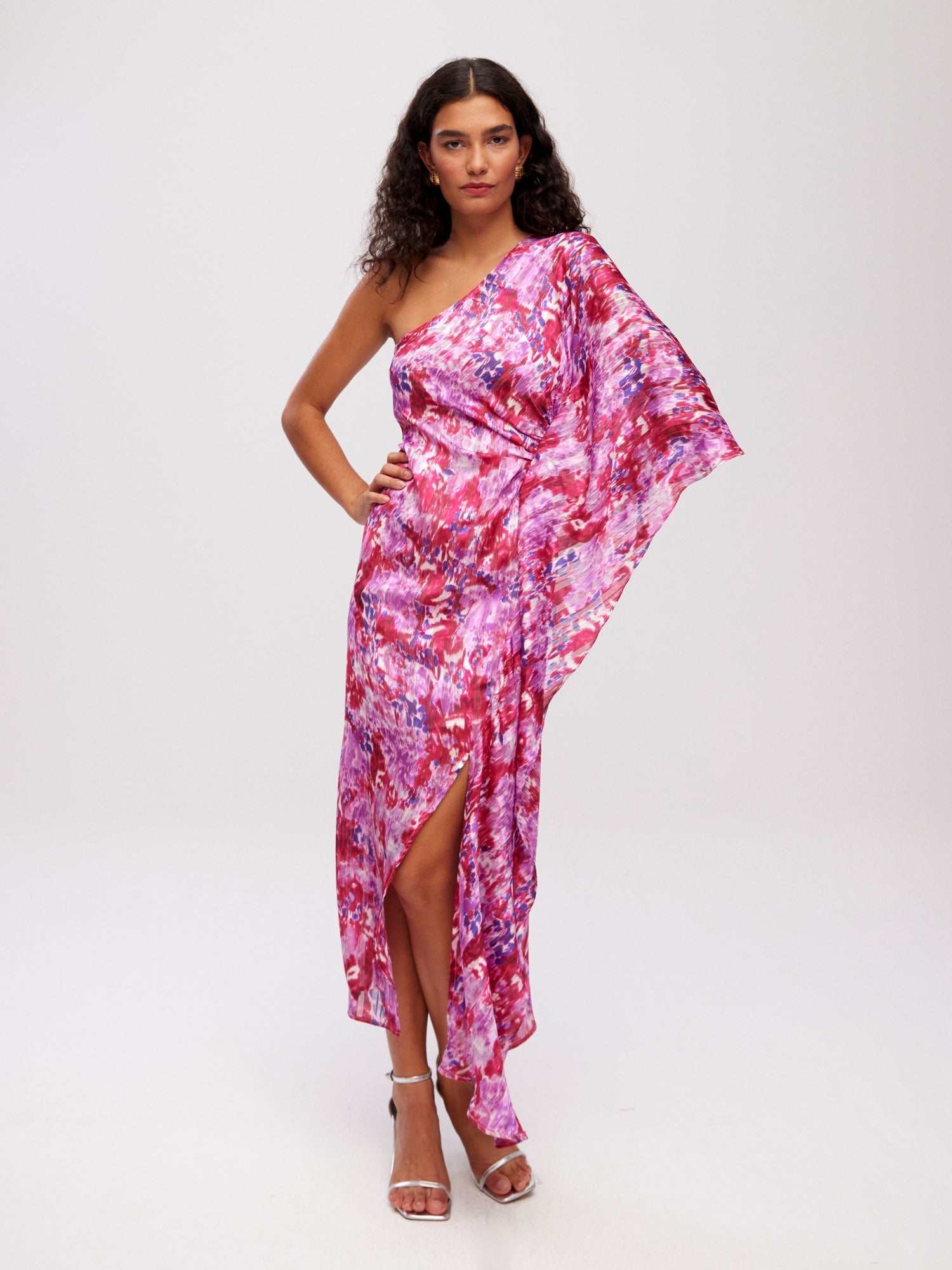 SANREMO MALVA - Vestido asimétrico midi manga capa malva con lurex