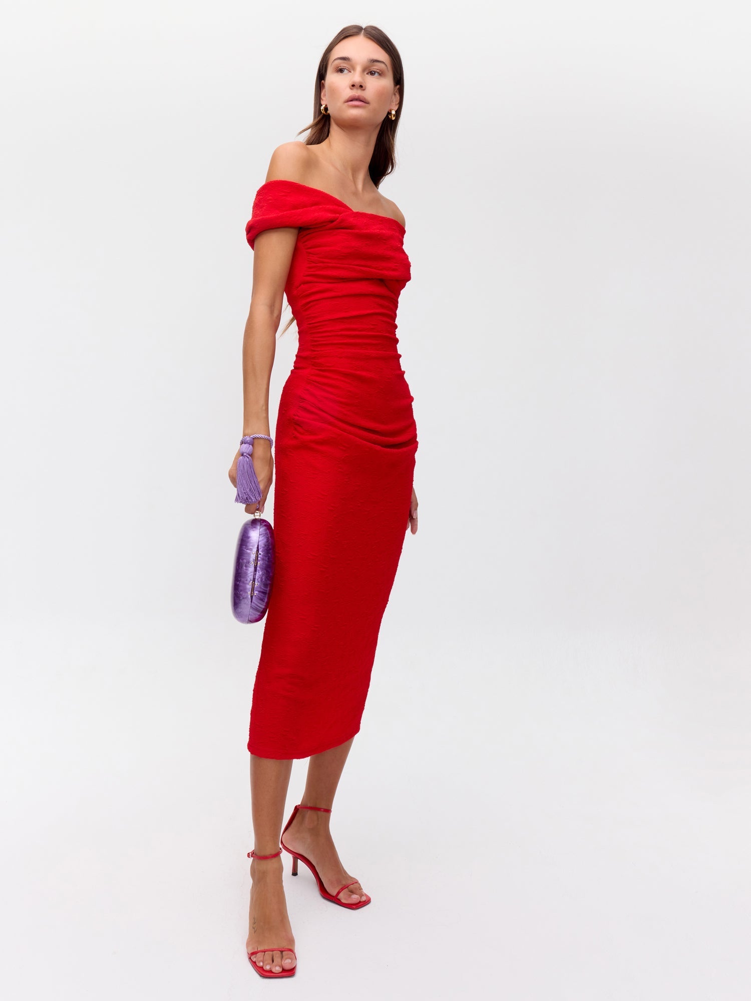 SECRETO RED - Vestido escote posicional drapeado rojo