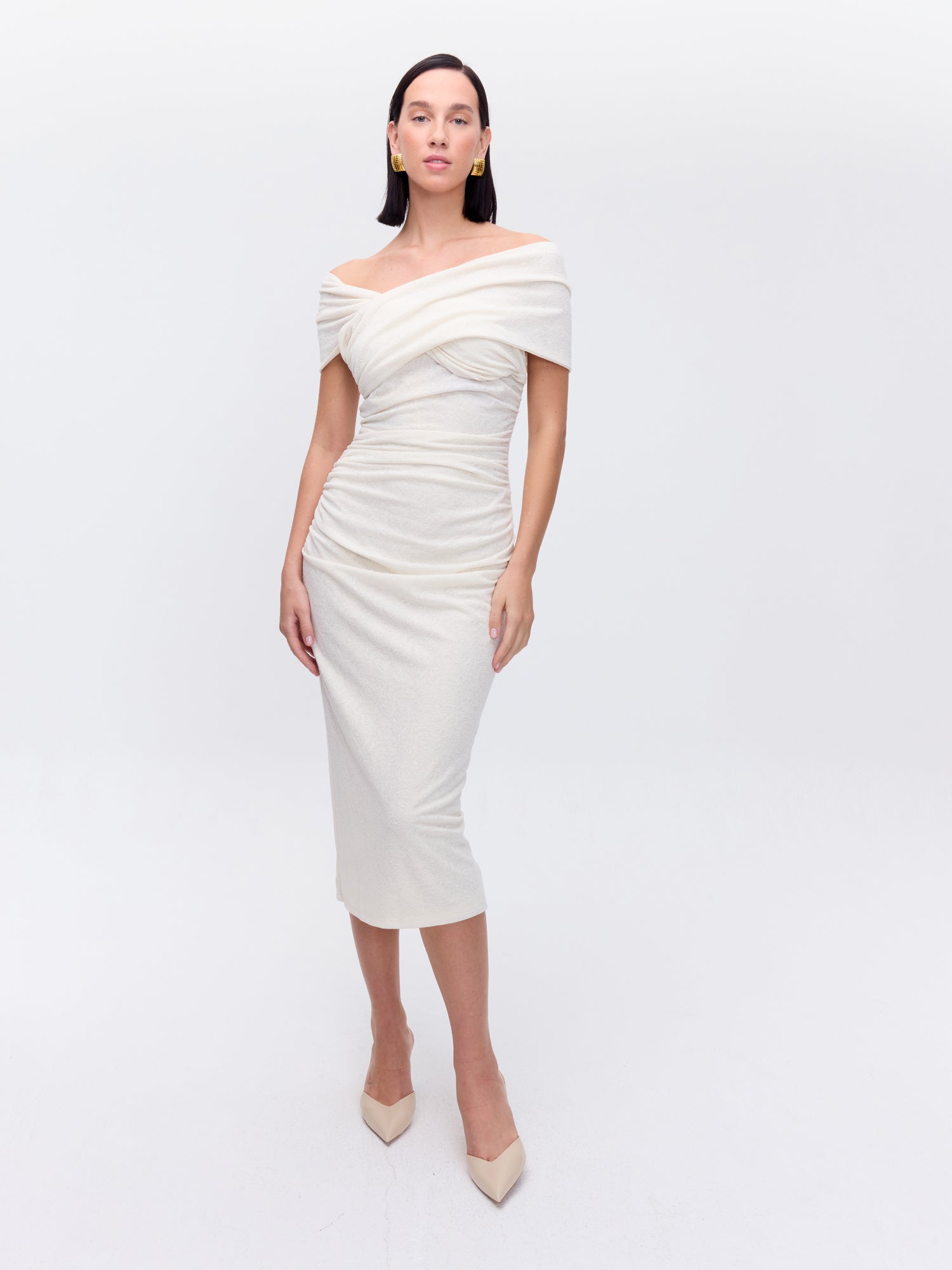 SECRETO WHITE - Vestido escote posicional drapeado blanco