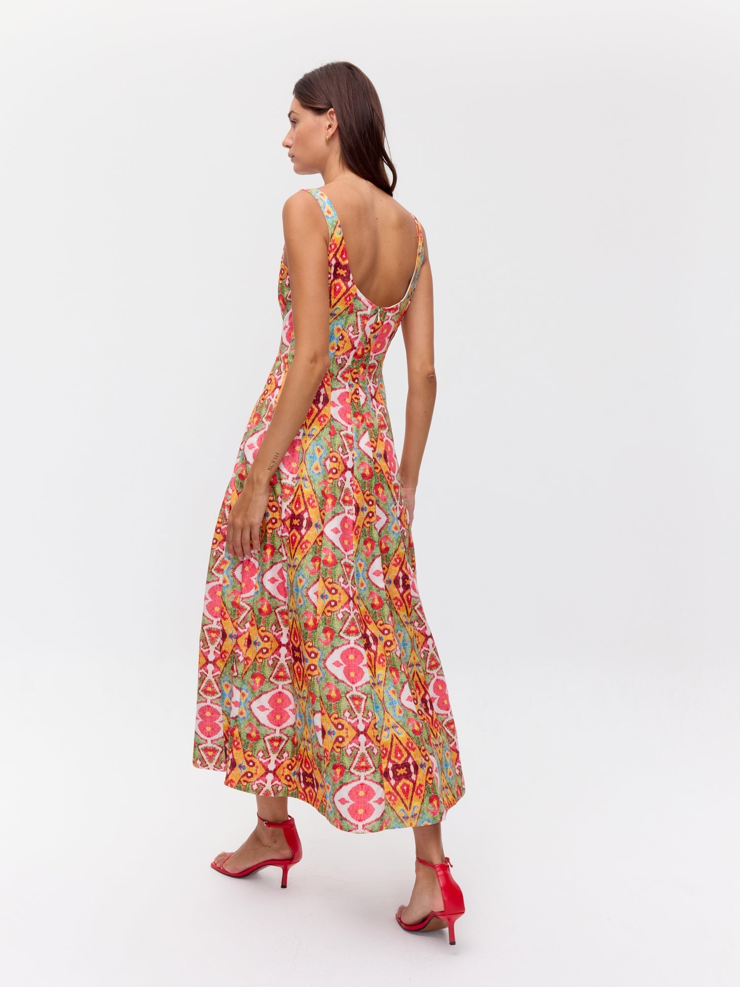 SOLSTICIO IKAT - Vestido corsé midi con vuelo ikat
