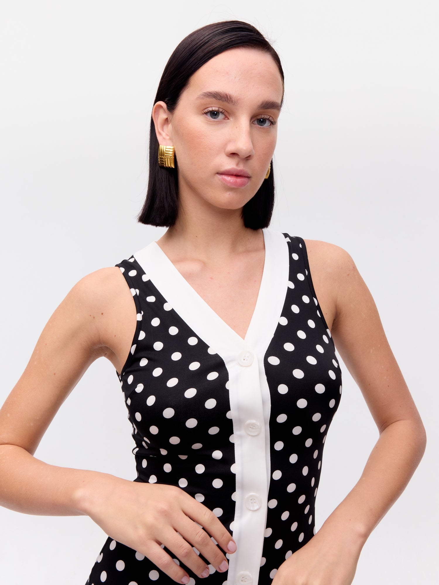 SUNNY DOTS - Vestido sin mangas combinado lunares con bot frontal