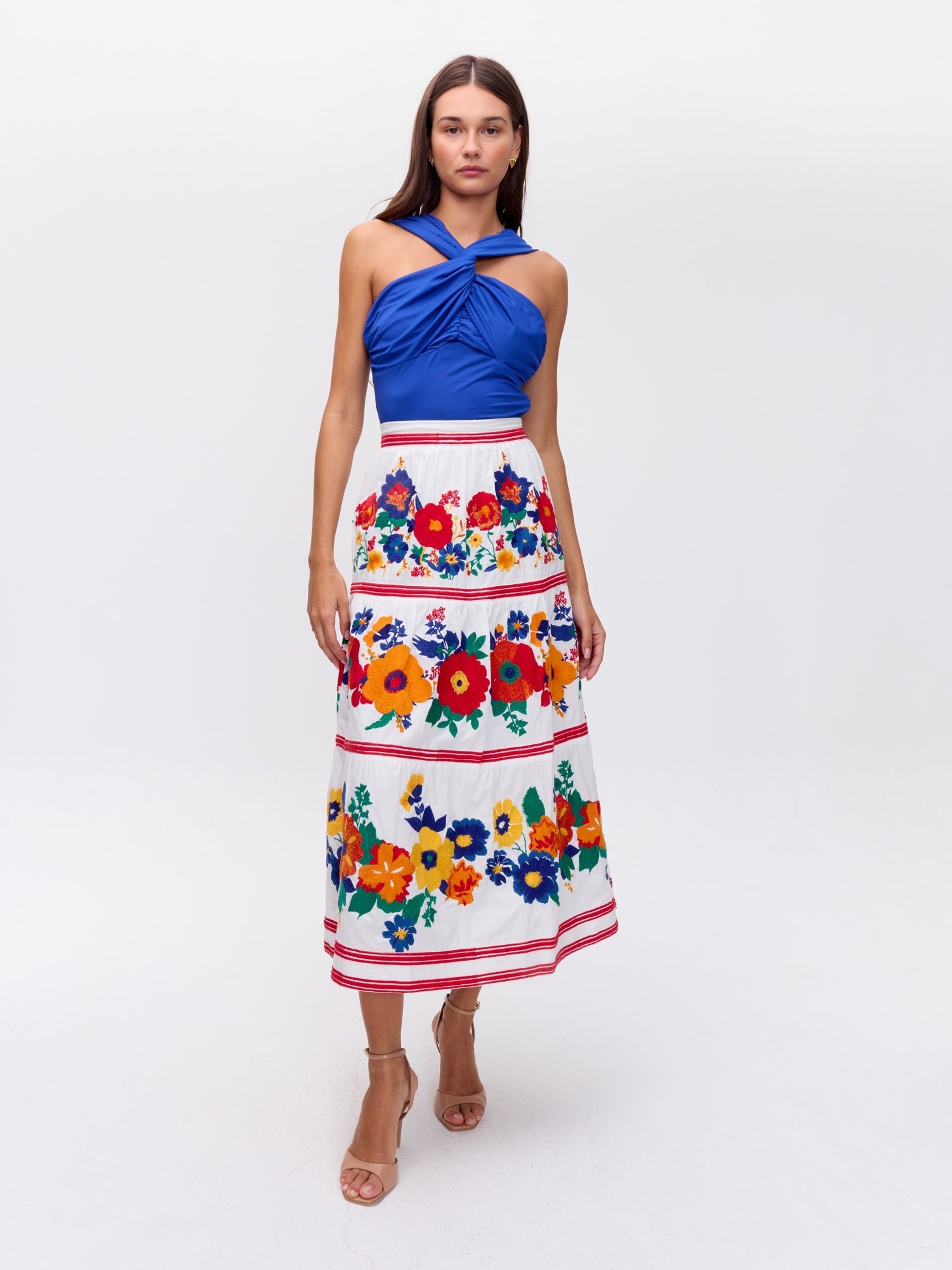 TEQUILA - Falda con vuelo bordada maxi flores